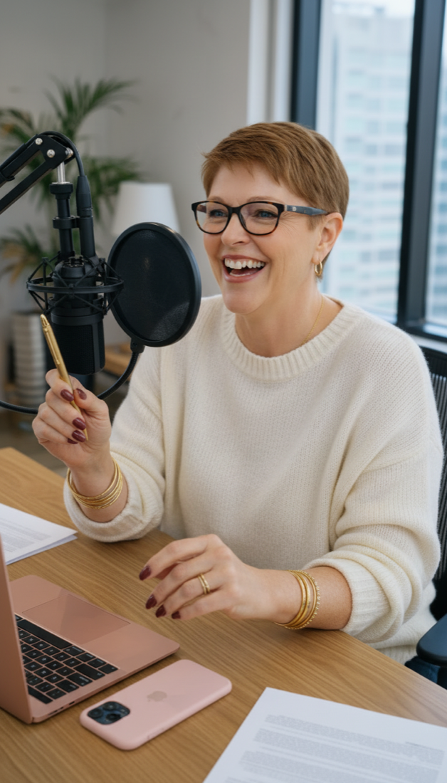 Suzi Manley recording content at her desk with a microphone