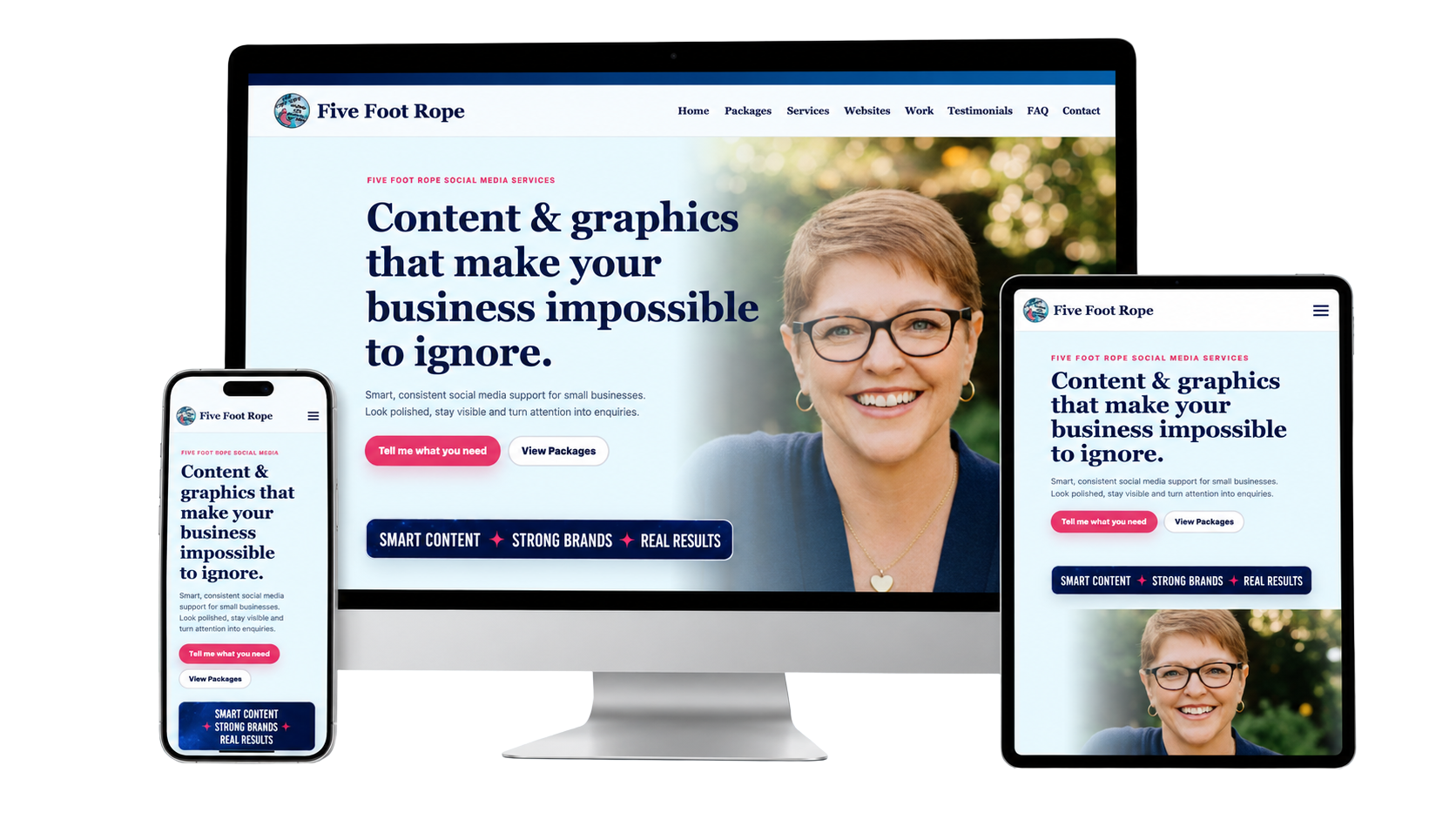 The Five Foot Rope one-page website shown on a desktop, phone and tablet